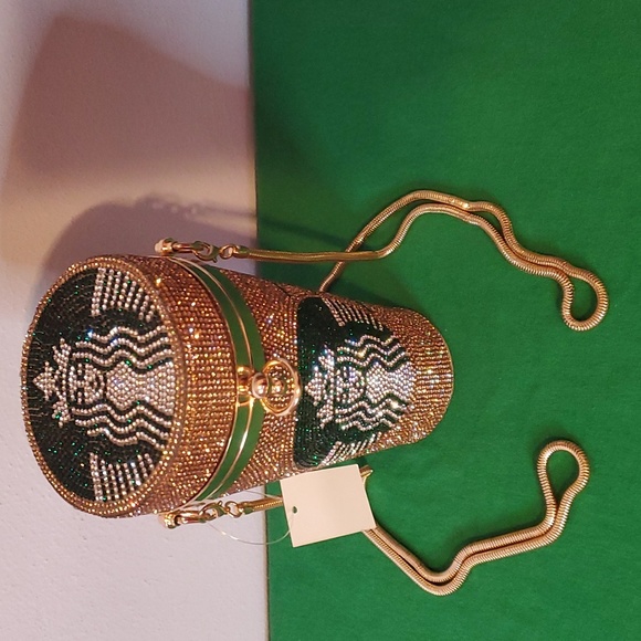 Gold / Green Coffee Cup Purse With Rhinestones - Picture 4 of 5